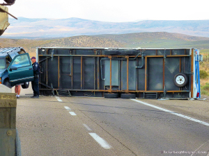 I80 in NV Modern RV on trail without sway control, blocking road.